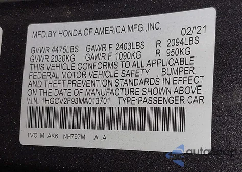 2021 Honda Accord Touring from USA, damaged, VIN 1HGCV2F93MA013701